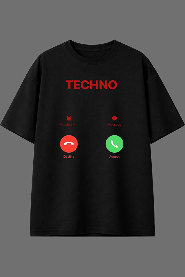 Techno Is Callingg Design Pre-Printed Black Oversize T-Shirt