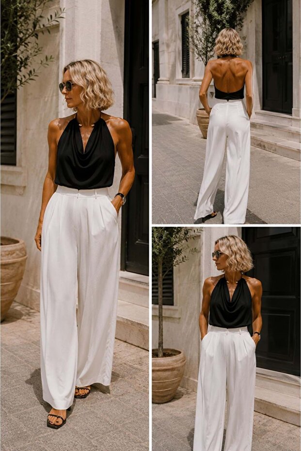 Aura white modal palazzo pants - v shape waist detail