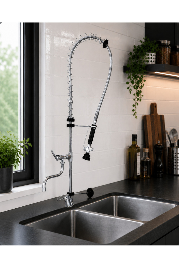 Professional Spiral Industrial Kitchen Faucet – Flexible Head Sink Tap – Chrome
