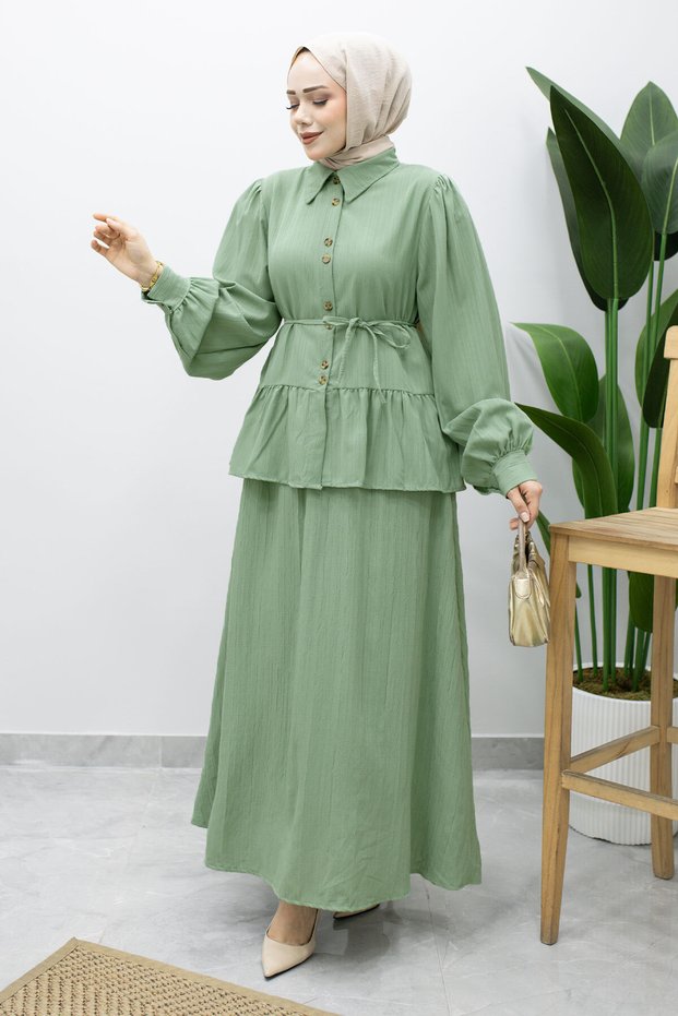 Ruffle Detailed Waist Drawstring Skirt Suit Tsd260220 Mint Green