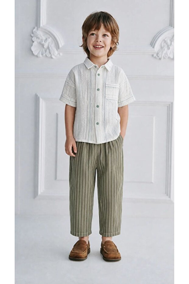 Boy's Muslin Shirt + Striped Green Balloon Jeans Set
