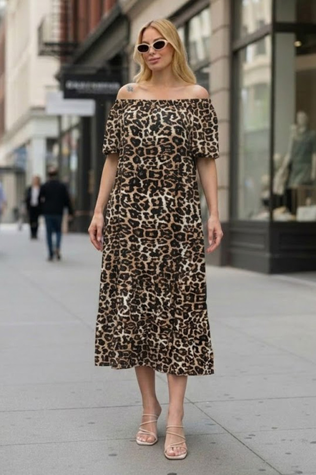 Women's Madonna Collar Patterned Short Sleeve Loose Midi Dress