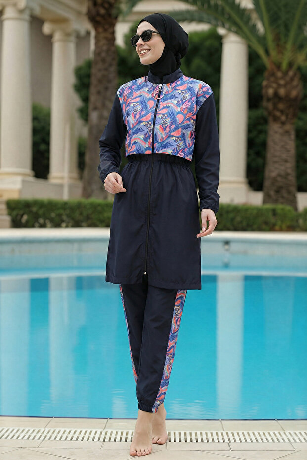 2-Piece Set (with Bonnet Gift) Parachute Fabric Hijab Swimsuit with High Collar, Front Zipper and Elastic Waist D48