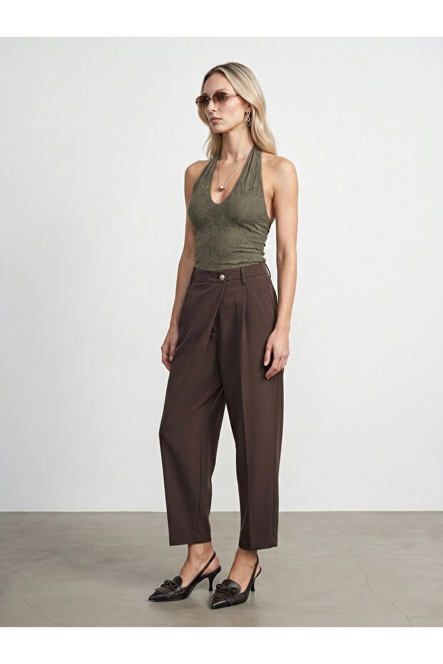 72703 Double-Breasted Trousers with Waist Detail - Brown
