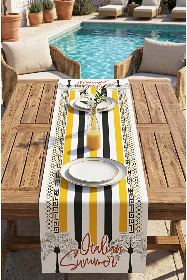 Dolce Vita Plain Striped Pattern Black, Yellow and White Detailed Runner 45 X 145 cm