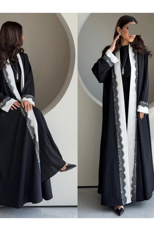 عباءة من الدانتيل الأسود والأبيض بتصميم مرقع (بدون حجاب)