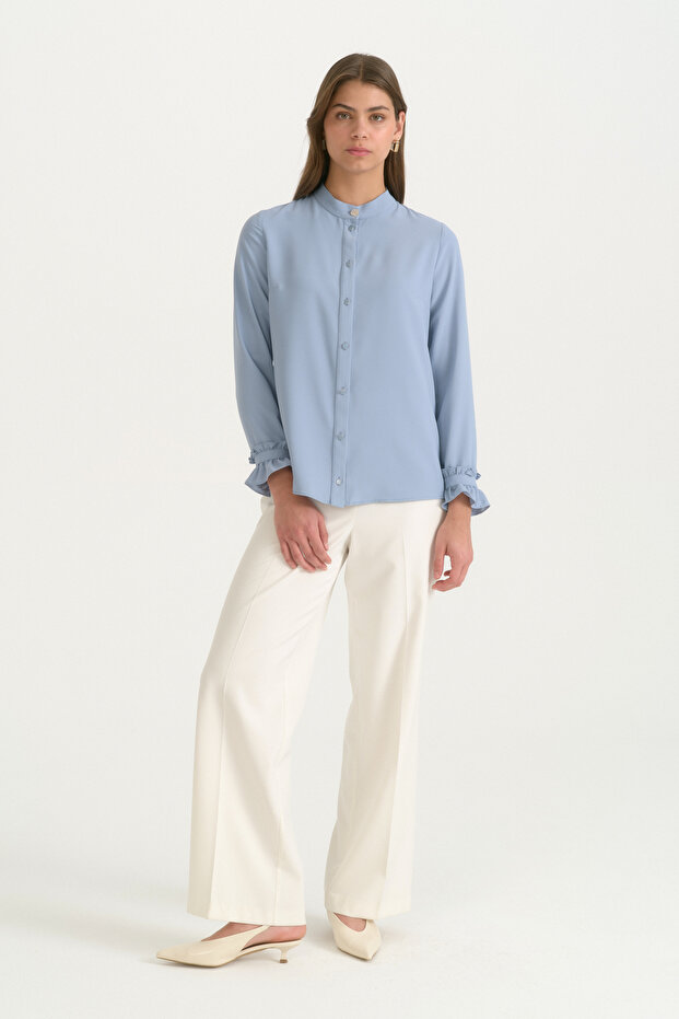 قميص بأكمام مكشكشة - لون نيلي