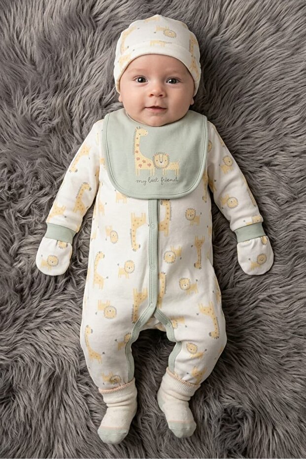 Toddlers Boy 5 Pcs Bodysuit, Bib, Beanie, Gloves and Coverall Set, Multicolor