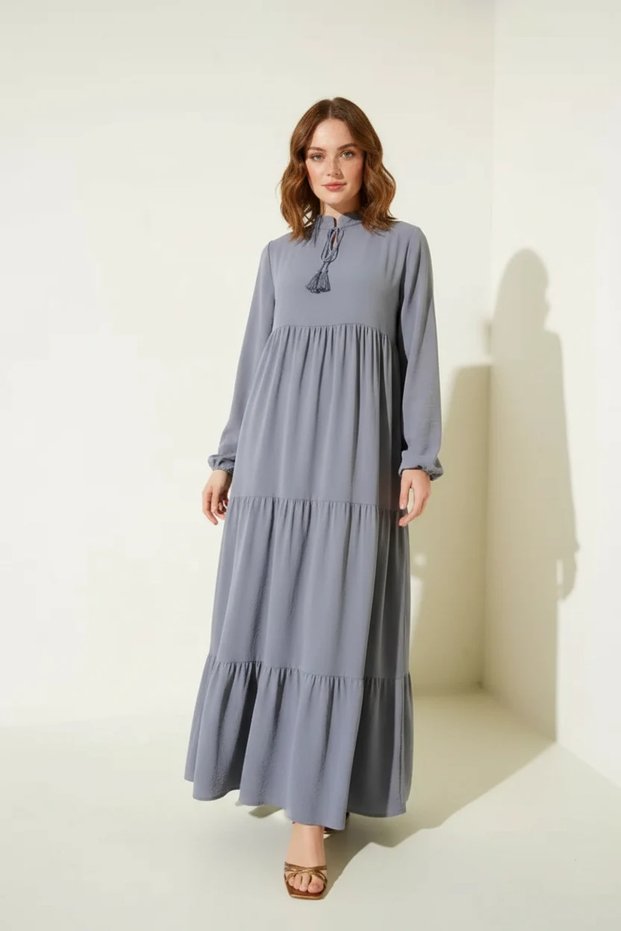 Women's High Collar Gathered Waist Ruffled Lace-Up Gray Hijab Dress
