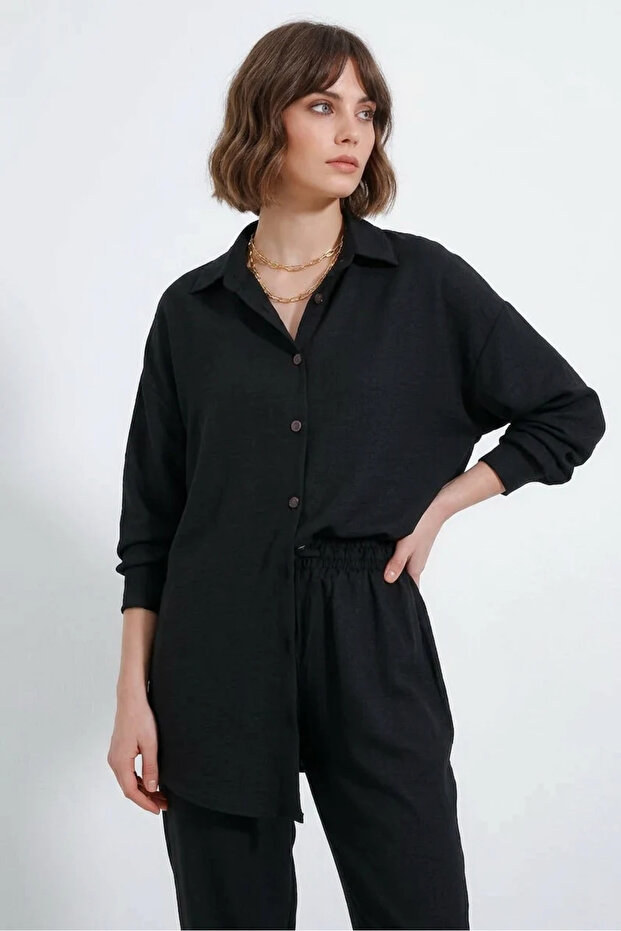 Women's Drawstring Waist Oversize Viscose Black Suit