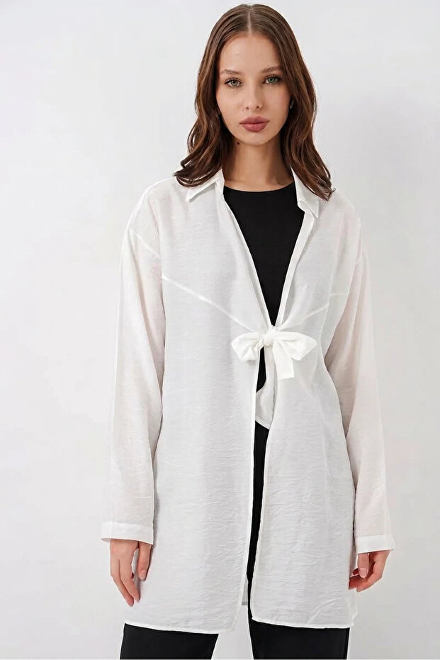 Women's Shirt Collar Lace-Up Viscose White Kimono