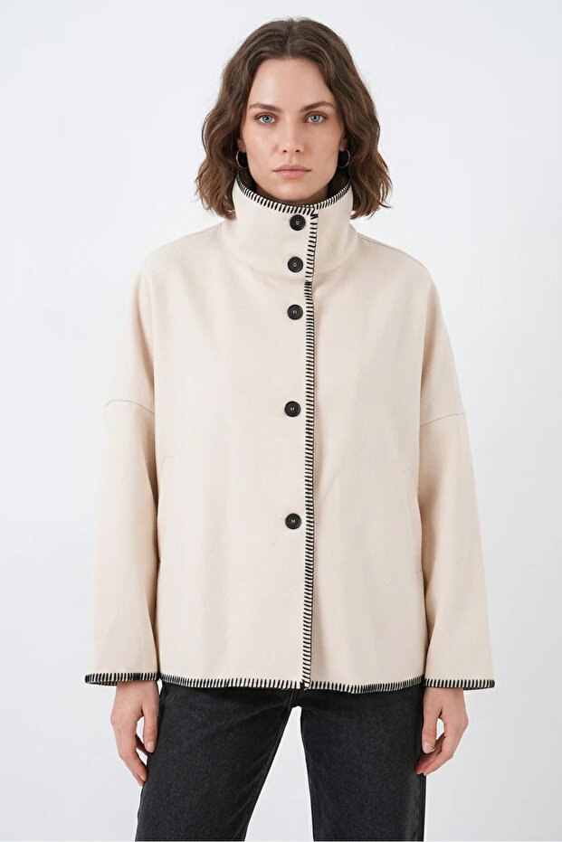 Women's Stand Collar Buttoned Embroidered Cotton Ecru Jacket