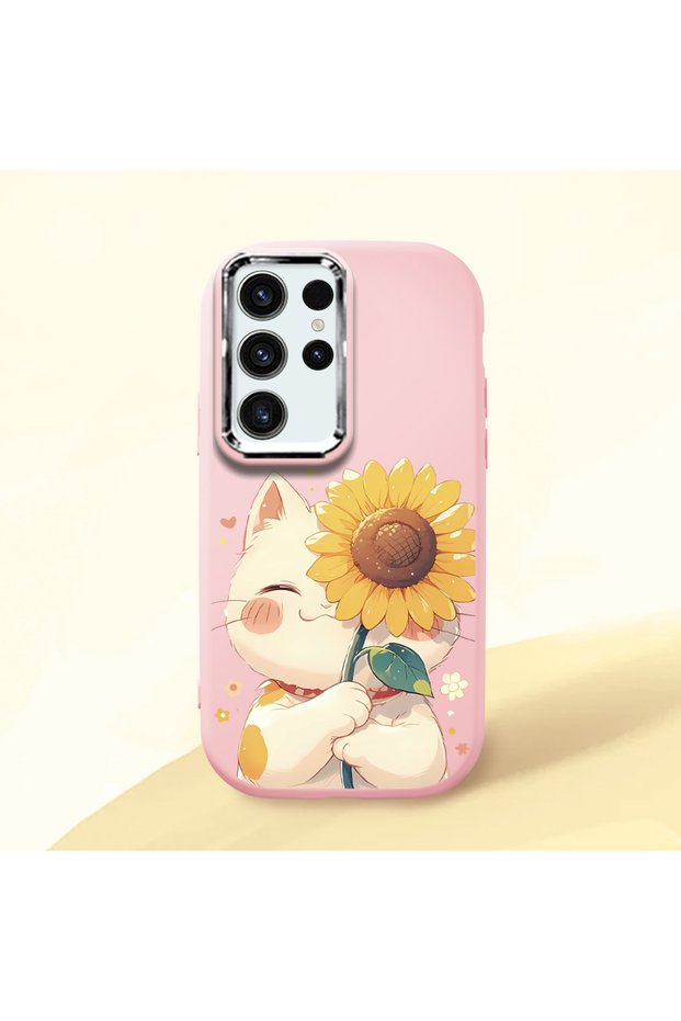 Samsung Galaxy S24 Ultra Compatible Case Camera Protector Pink Silicone Couple Phone Case Cat Pattern