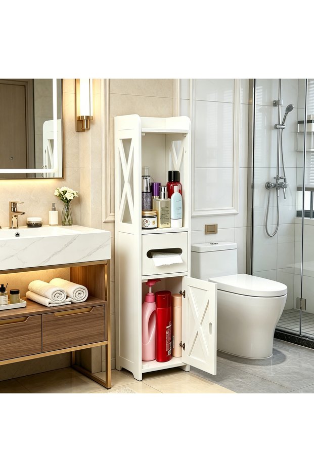 FFD Bathroom Corner & Gap Cabinet with Doors & Shelves, Thin Freestanding Multi-layer Floor Cabinet, Large Capacity Multi-functional Storage Organizer for Small Bathroom, Toilet & Spa