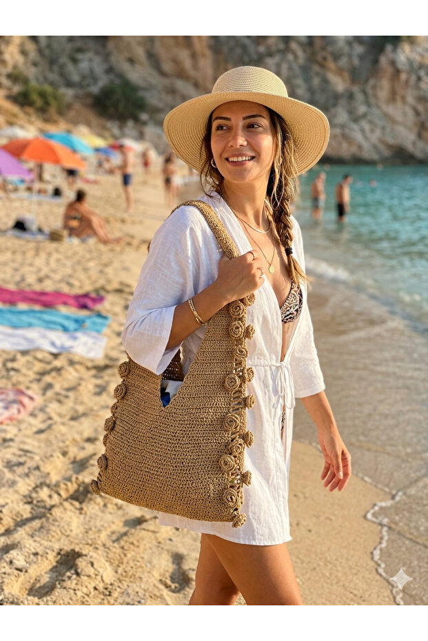 Hand-Knitted Straw Bag with Rose Motif, Red Paper Rope Bag