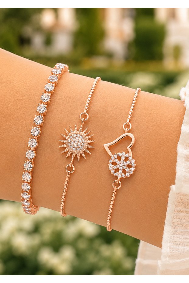 Women's Gold Color 3-Piece Steel Bracelet Set with Zircon Stones, Sun and Heart Figured Combination Jewelry