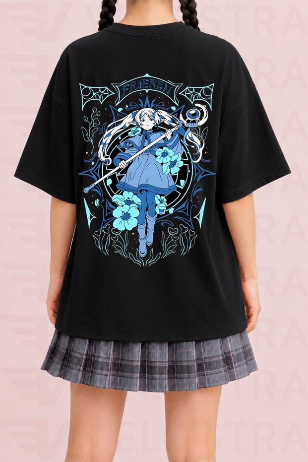 Women's Frieren Printed Oversize Crew Neck Cotton Casual Combed Cotton T-Shirt