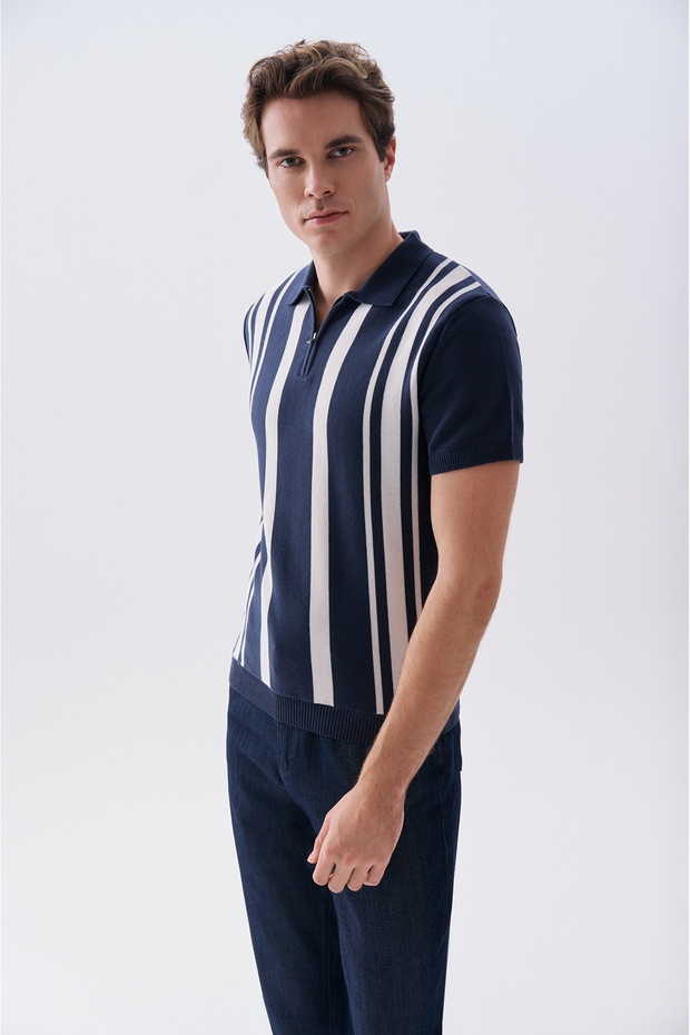 Men's Off-White Striped Polo Collar Short Sleeve Knit Sweater