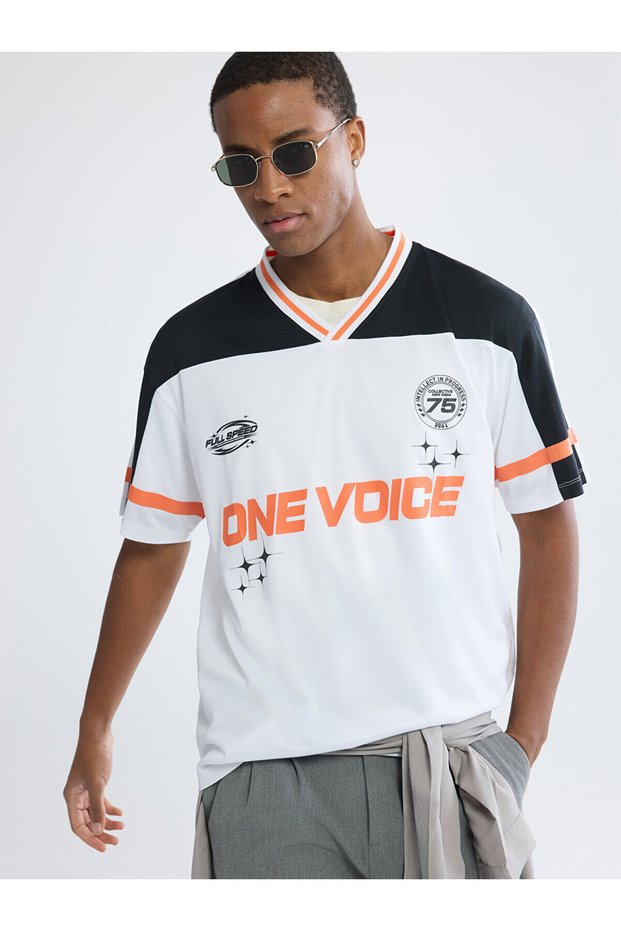 Vizyon New Season Oversize Printed V-Neck Men's T-Shirt