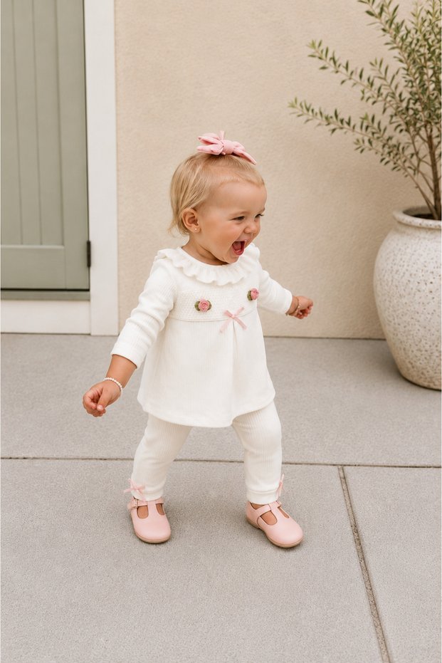 Baby Girl Top and Bottom Set with Ruffled Collar and Rose Detail, 2-Piece Set