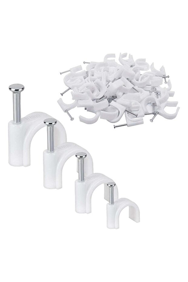Electrical Cable Wire Round Clips with Steel Nails - White (Pack of 100, 16mm)