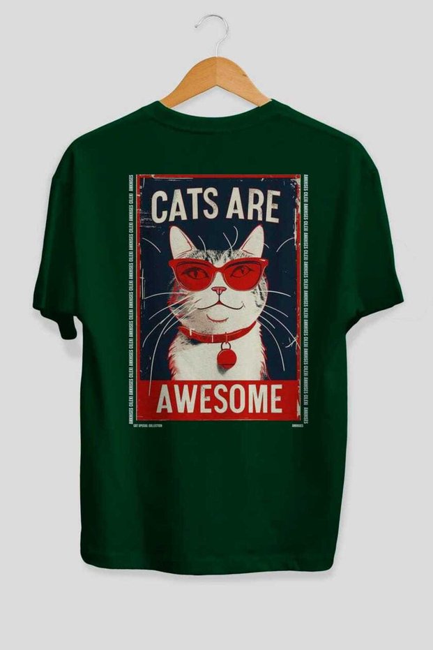 For the Love of Cats 125 Cat Printed Green Oversize T-Shirt 100% Cotton Unisex Cat Lover Premium Design