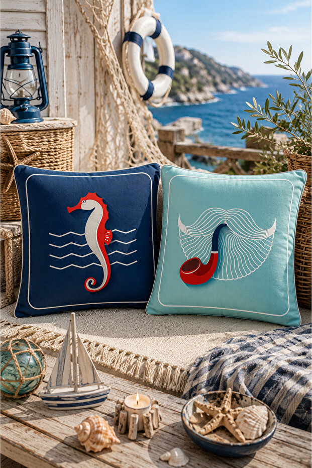 Ays Home Piremium Marine Seahorse Patterned 2-Piece Throw Pillow Cover Set