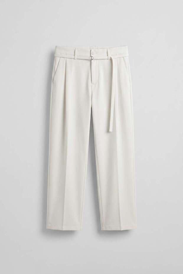 Men's Baggy Fit Belt Detailed Gabardine Fabric Trousers White