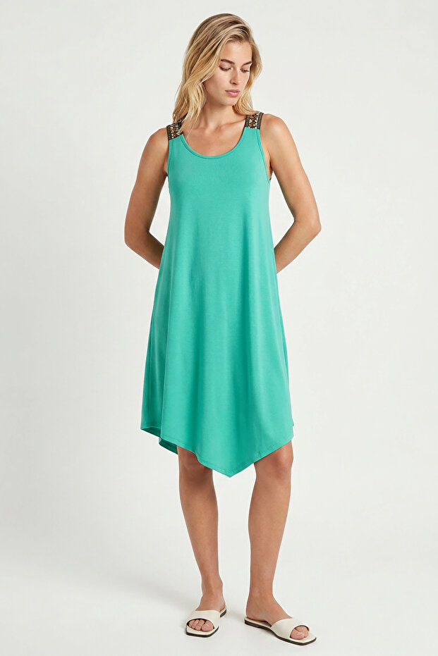 Ethnic Patterned Asymmetrical Viscose Dress Lrn0047 Green