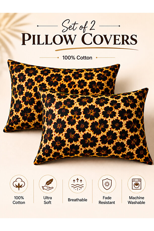 Set of 2 Cotton Printed Pillow Covers – Soft Breathable Pillow Cases with Envelope Closure 125 GSM Fabric