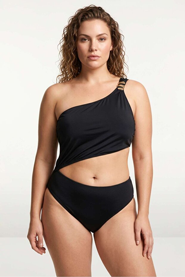 Women's Black Oversized One-Shoulder Mayokini with Gold Buckle
