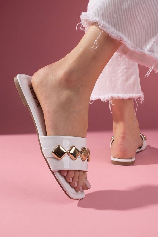 Lusso White Patent Leather Geometric Stylish Women's Daily Slippers with Gold Accessories