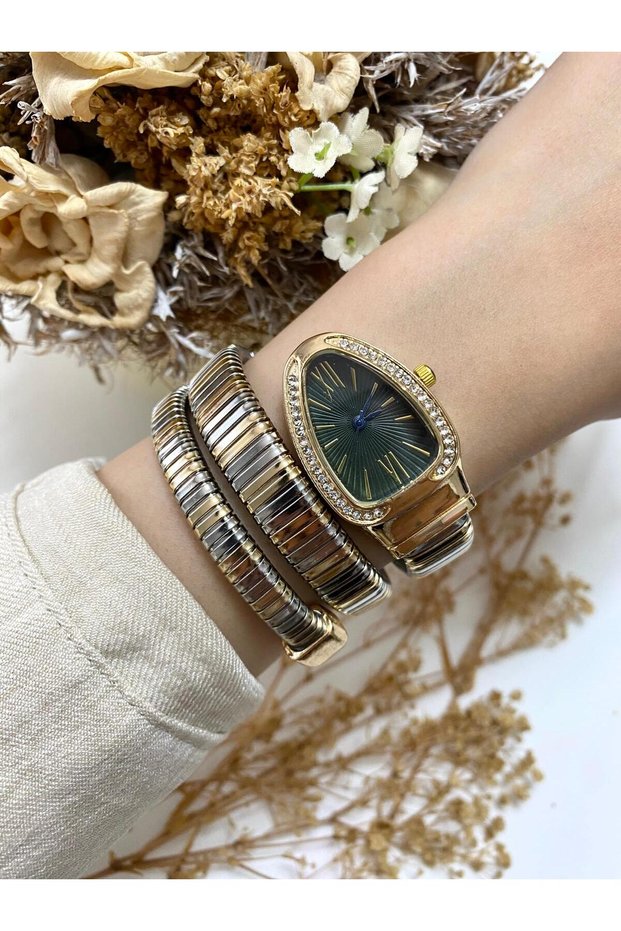 Snake Model Stone Gold Silver Green Dial Steel Women's Wristwatch