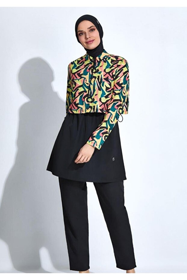 Women's Long Sleeve Skirted Patterned Full Hijab Swimsuit C5T6N46