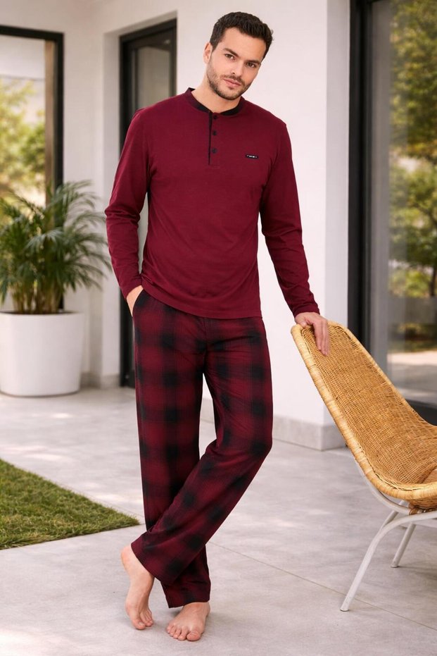 Men's Burgundy Buttoned Long Sleeve Pajama Set – Stylish & Comfortable Home Wear -6300-