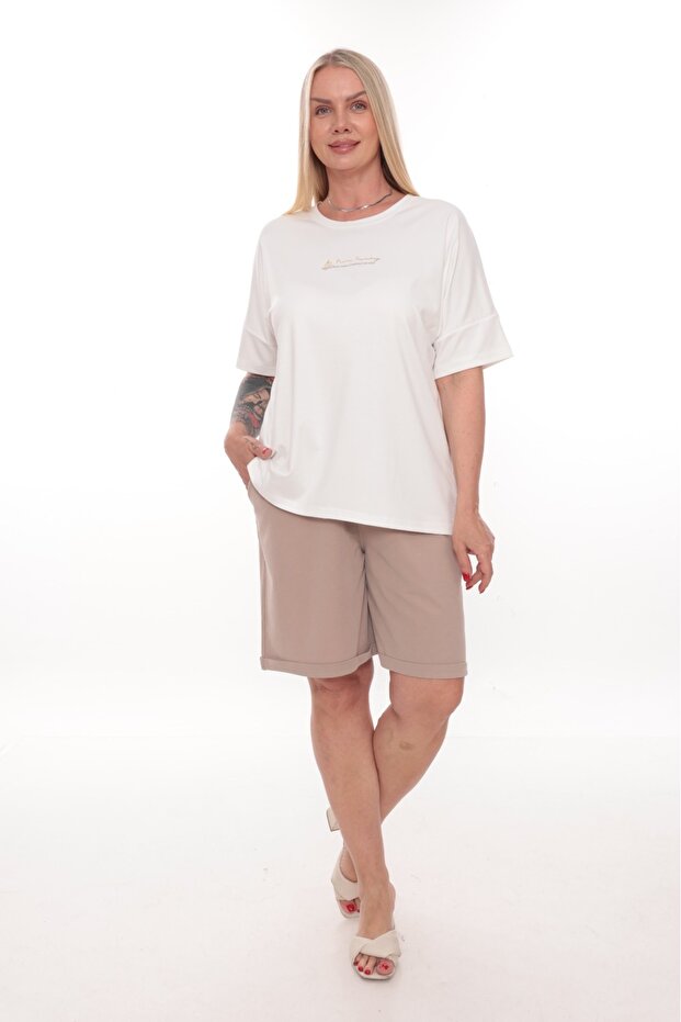 Women's Plus Size Tracksuit Set with Printed Detail Shorts