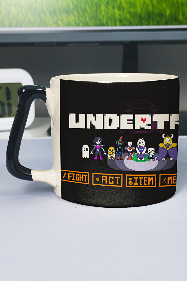 كوب سيراميك فاخر مطبوع من Undertale (قطعة واحدة) بمقبض أسود خاص V1D
