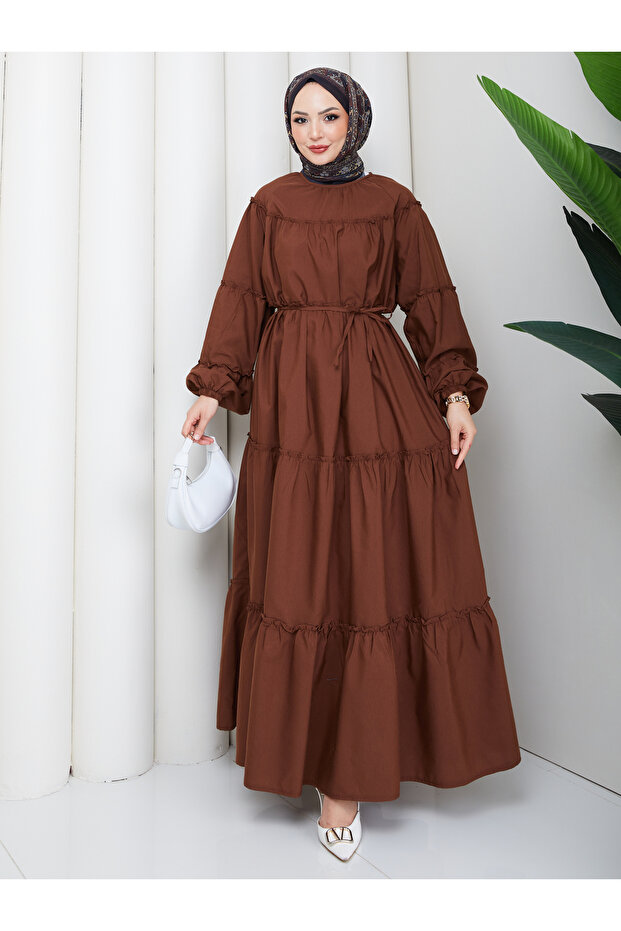 Drawstring Layered Ruffle Dress in Poplin Fabric