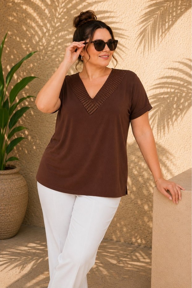 Women's Coffee Color Plus Size V-Neck Row Bead Embroidered Stretchy Short Sleeve Viscose Blouse
