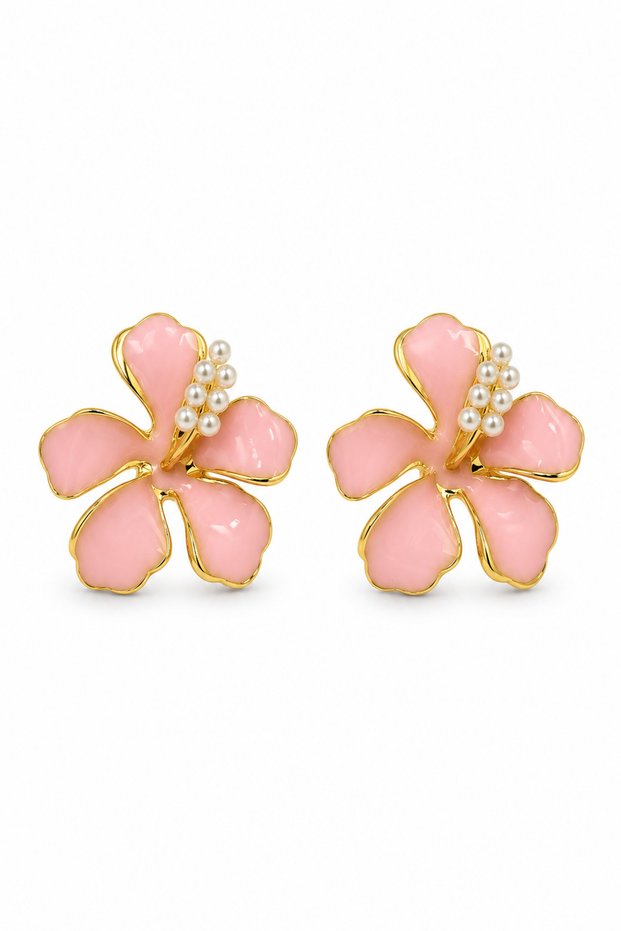 Summer Luxury Women's Pink Enamel Hibiscus Flower Steel Earrings with Pearls