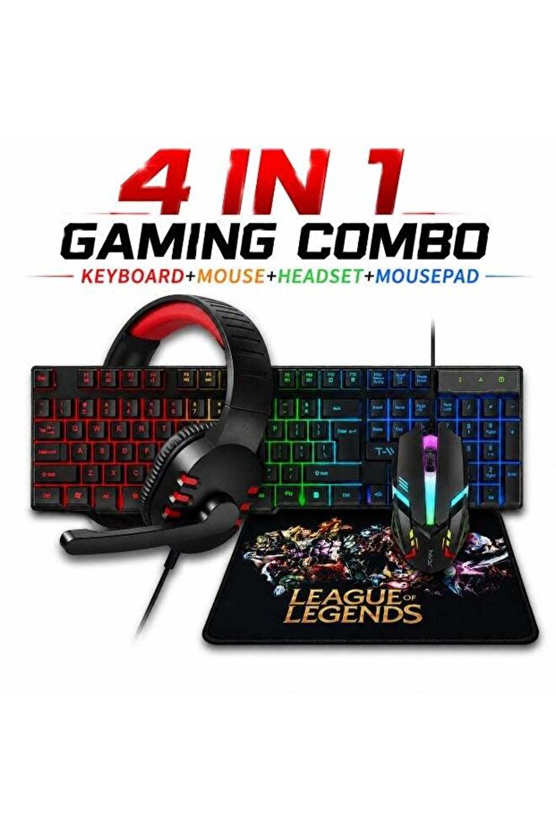 مجموعة ألعاب RGB 4 في 1: لوحة مفاتيح سلكية، ماوس، سماعة رأس، وسادة ماوس للكمبيوتر واللابتوب