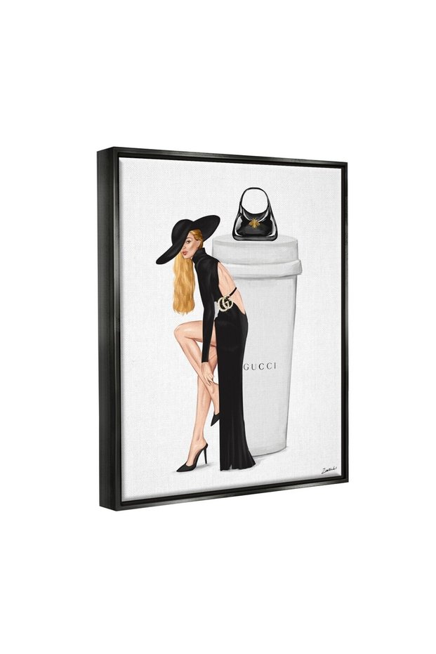Fashion Wall Art Stylish Fashion Female Pose Coffee Designer Purse Jet Black Framed Floating Canvas 3Ready to Hang