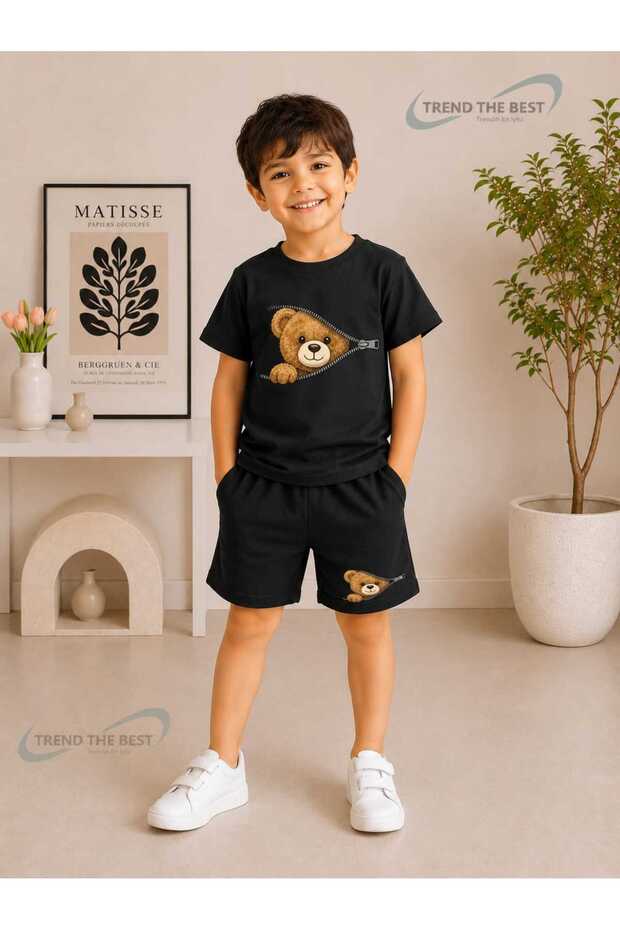Summer Zippered Teddy Bear Printed Boys' Black Shorts, Black T-Shirt Set