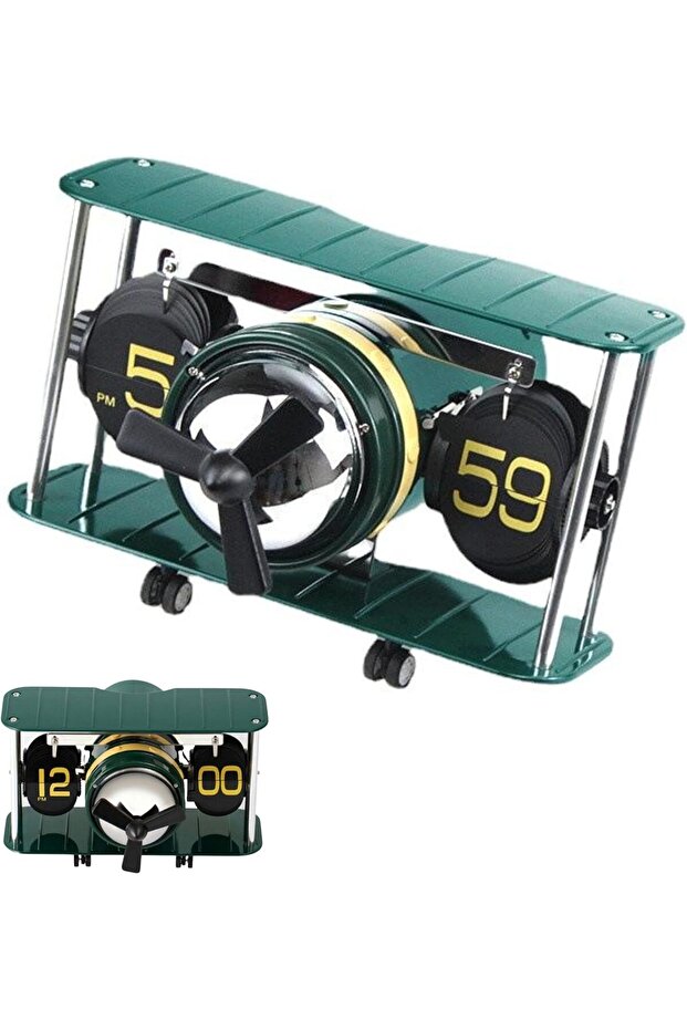 Airplane Flip Clock Retro Vintage Auto Flip Desk & Wall Clock, Mechanical Digital Flip Down Clock with Green Numbers
