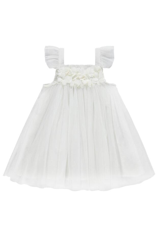 Chiffon Floral Appliqué Dress for 2-5 Years - Ecru