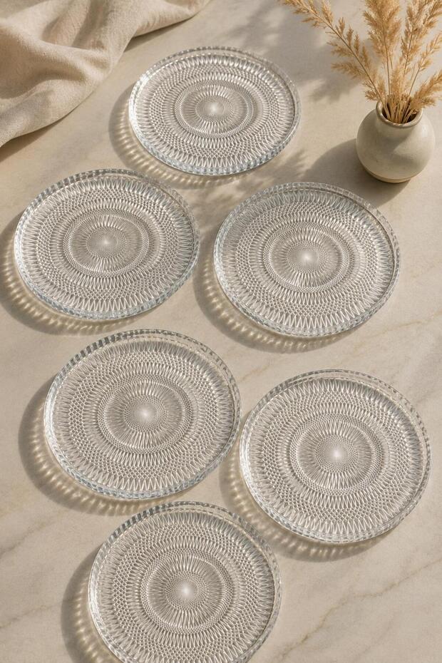 Set of 6 Glass Cake and Dessert Serving Plates 16 cm Patterned Transparent Presentation Plates