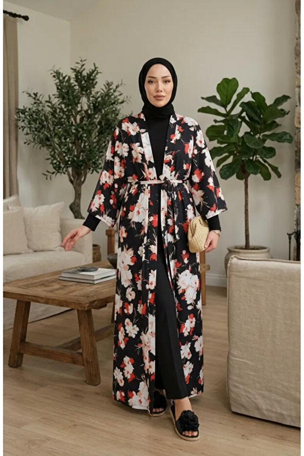 Patterned Belted Kimono 1908-02 Black - 1
