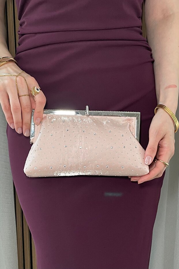 Women's Powder Satin Stone Evening Dress Bag - Chain Strap Hand and Shoulder Bag with Silver Accessories