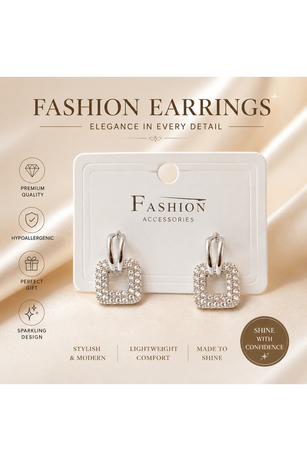 Zircon Stone Square Form Silver Color Women's Steel Earrings