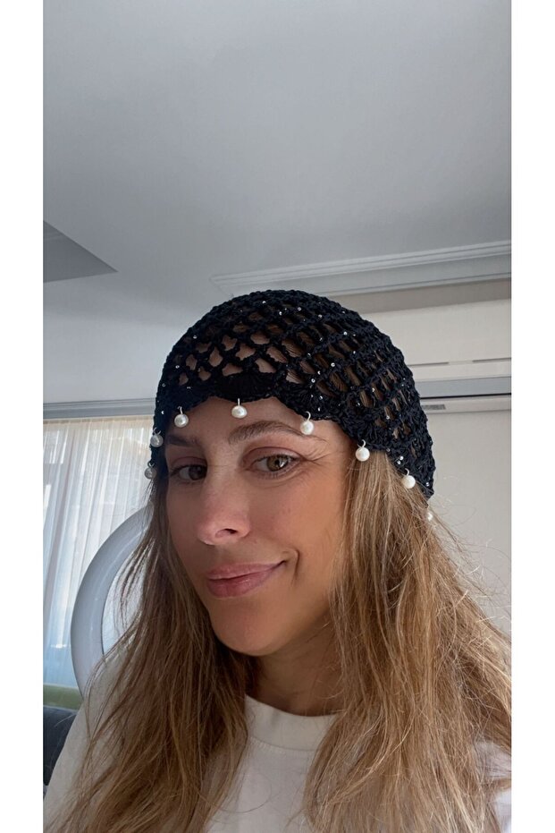 Mesh Hat with Pearls Hand Knitted Mesh Hat – Black Color – Summer Bohemian Style Women's Hat